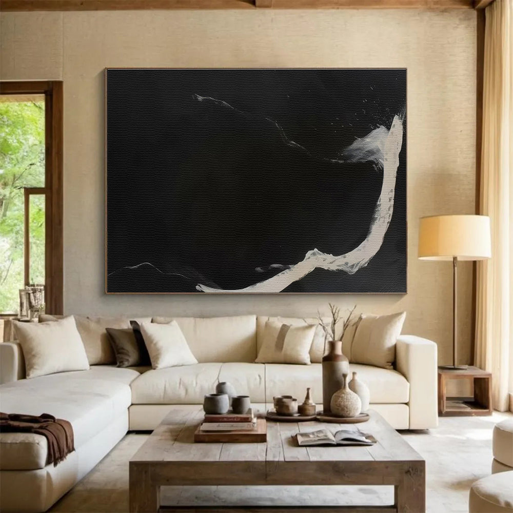 Black and White Fluid Strokes Abstract Expressionist Painting On Canvas DKS142