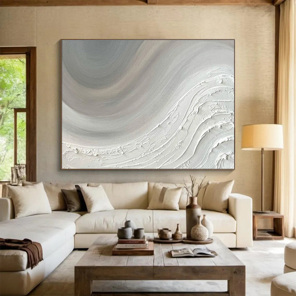 “Textured White Wave Abstract” - Textured Abstract Painting on Canvas, Great for Spa & Bedroom DKS584