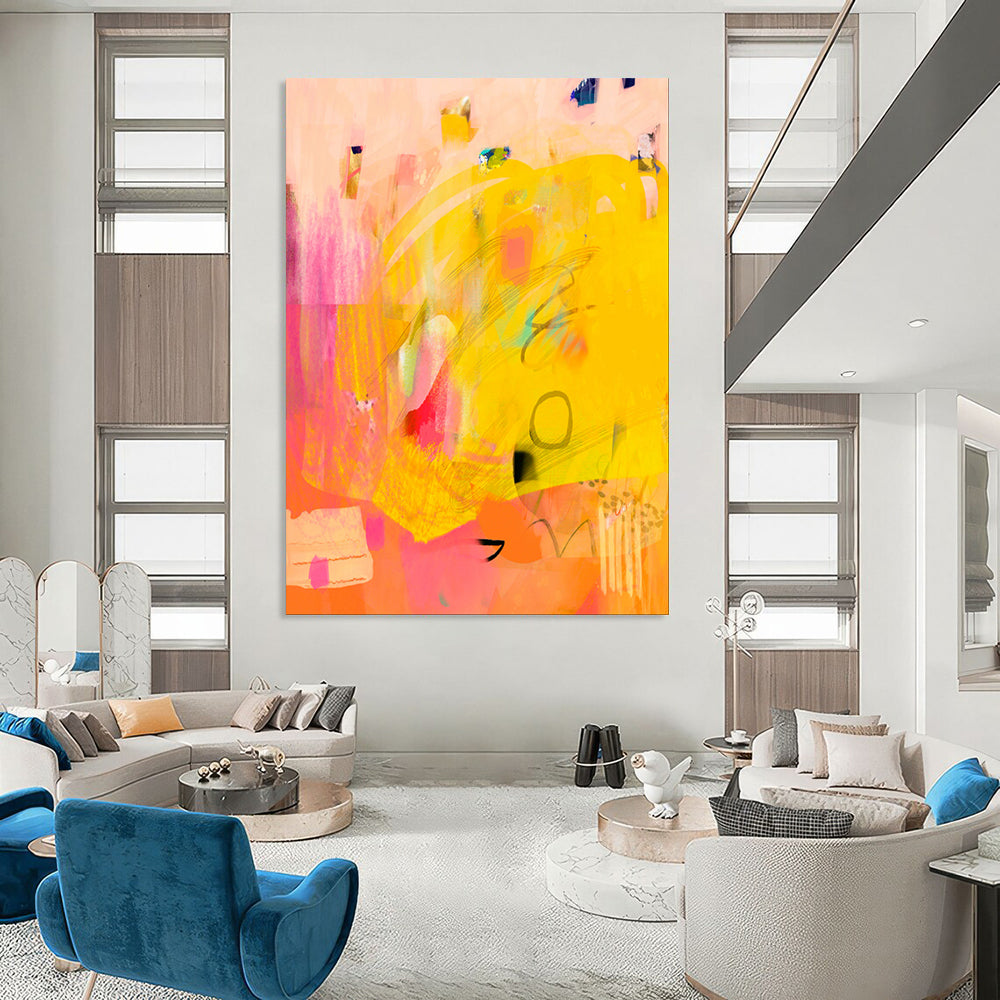 “Sunny Yellow - Pink Abstract Fusion” - Abstract Painting On Canvas PT2005