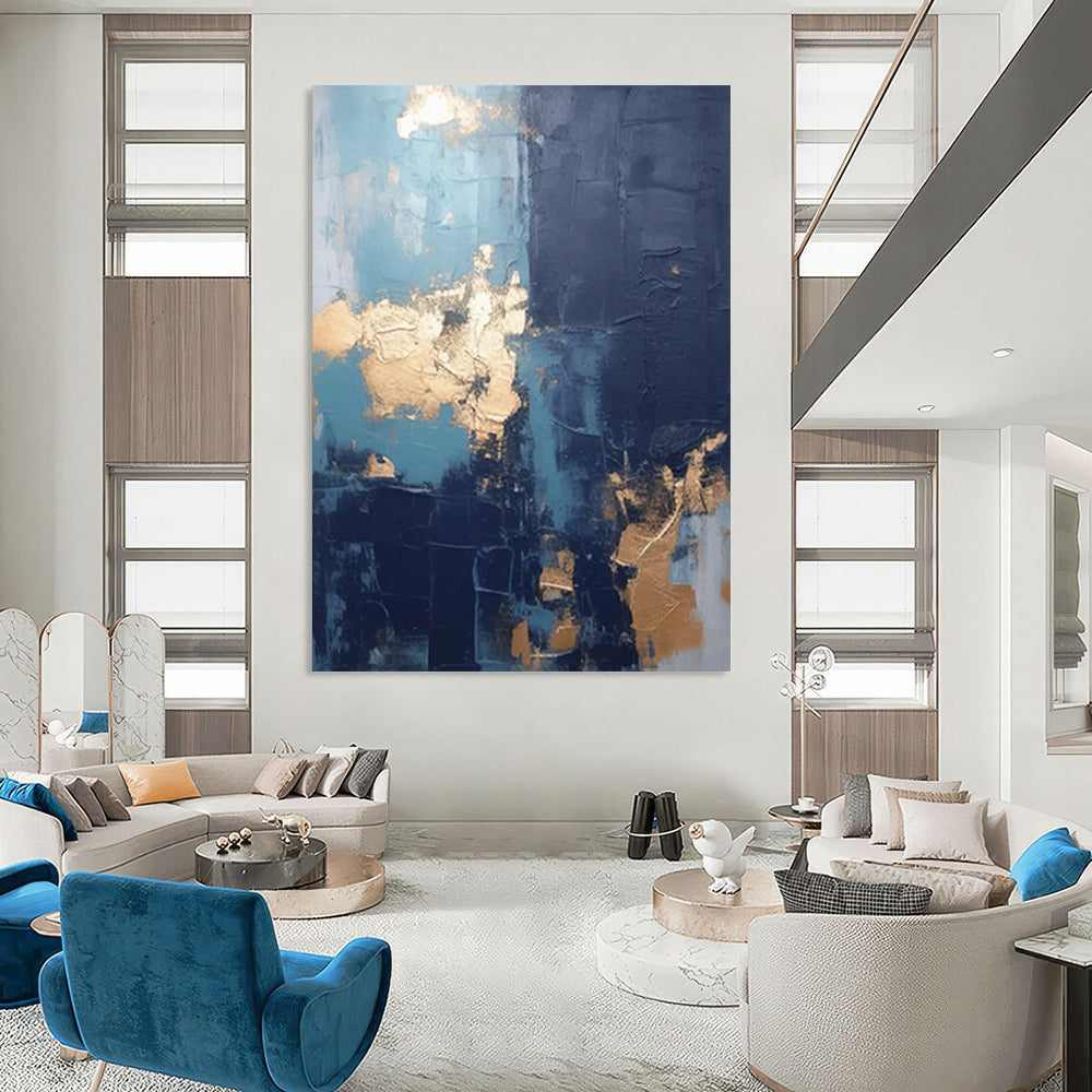 “Blue - Gold Fusion” - Textured Abstract with Metallic Accents Painting On Canvas DS130