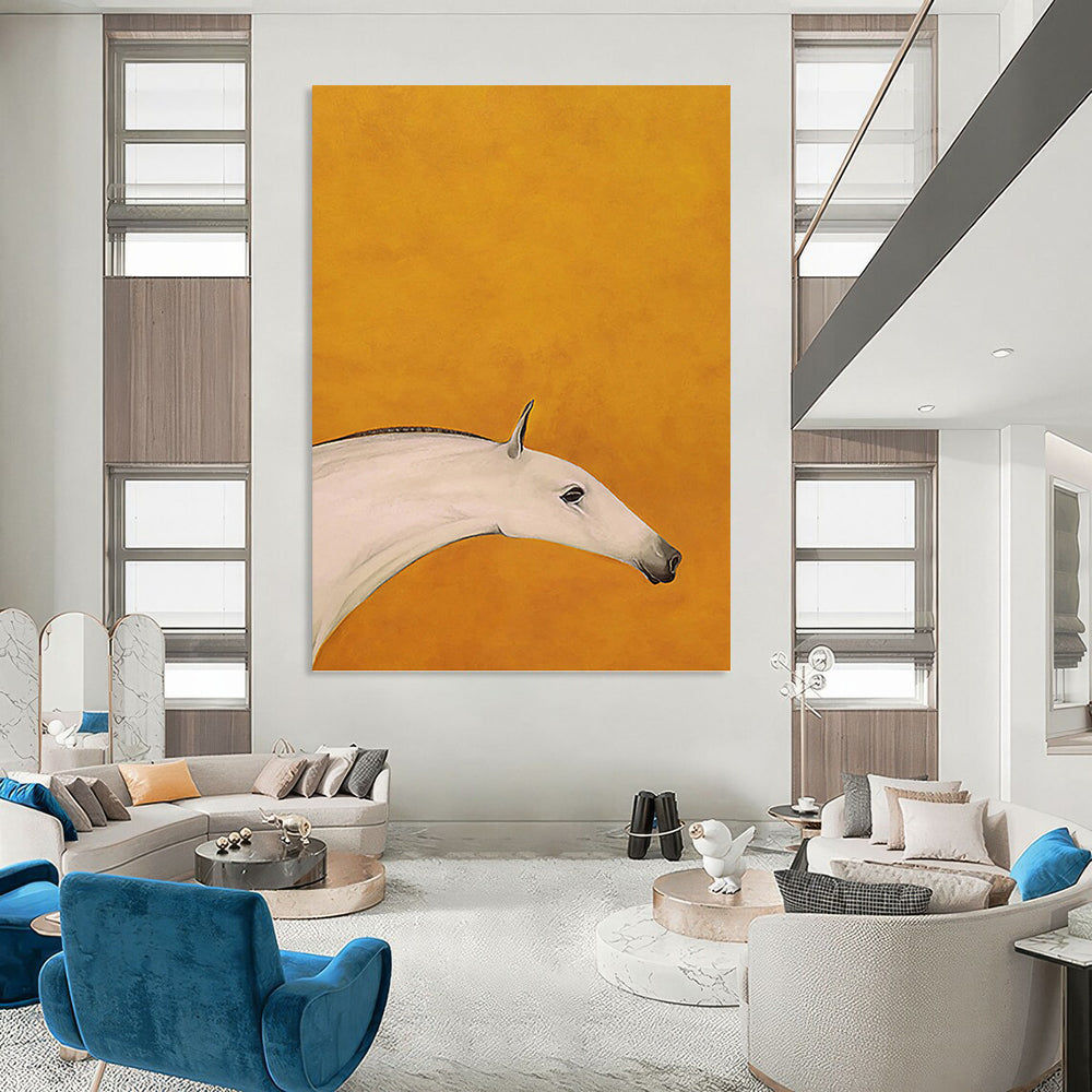 “Minimalist White Horse on Orange” - Minimalist - Inspired Animal Painting On Canvas PT1427