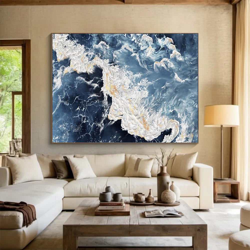 “Blue - White Turbulent Seas” - Thick - Textured Painting On Canvas PT1528