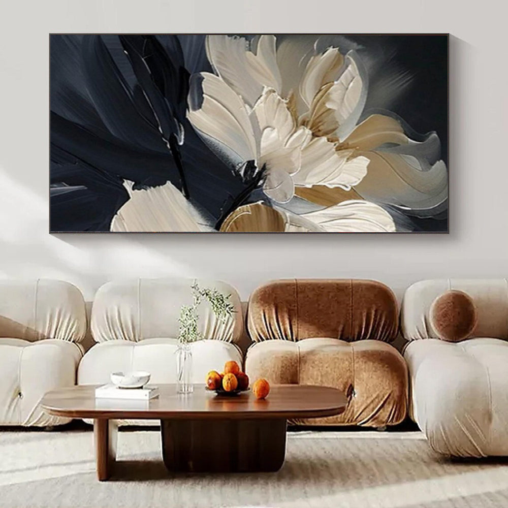 Cream and Black Floral "Elegant Blossoms" Impasto Flower Painting On Canvas PS1091