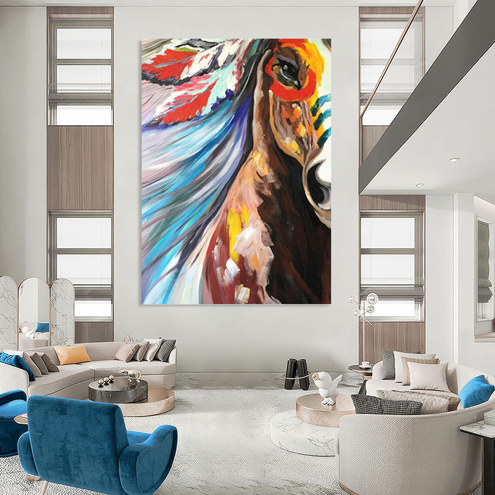 “Colorful Horse with Feather Headdress” - Expressionist - Inspired Animal Painting On Canvas PT1426