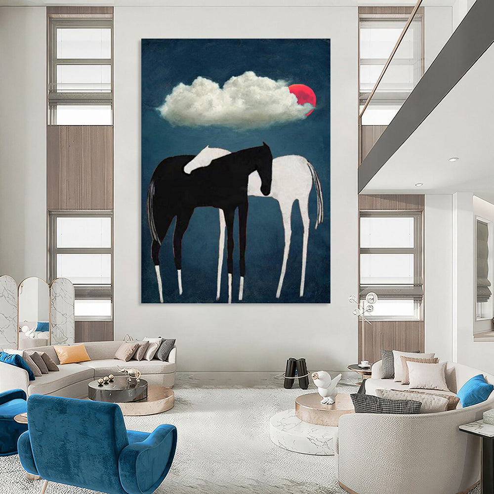 “Black & White Horses Under Red Moon” - Minimalist - Inspired Animal Painting On Canvas PT1418