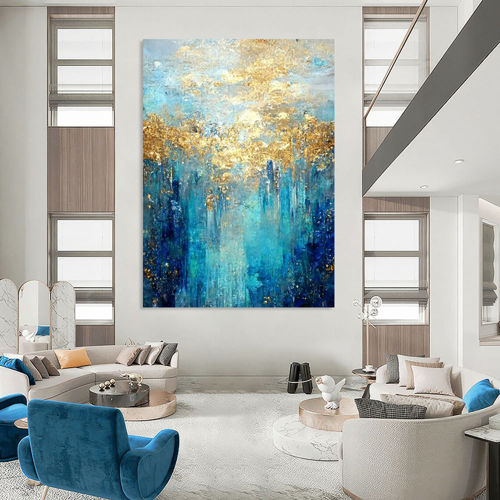 Blue - Gold Abstract Forest Textured Painting On Canvas DS065