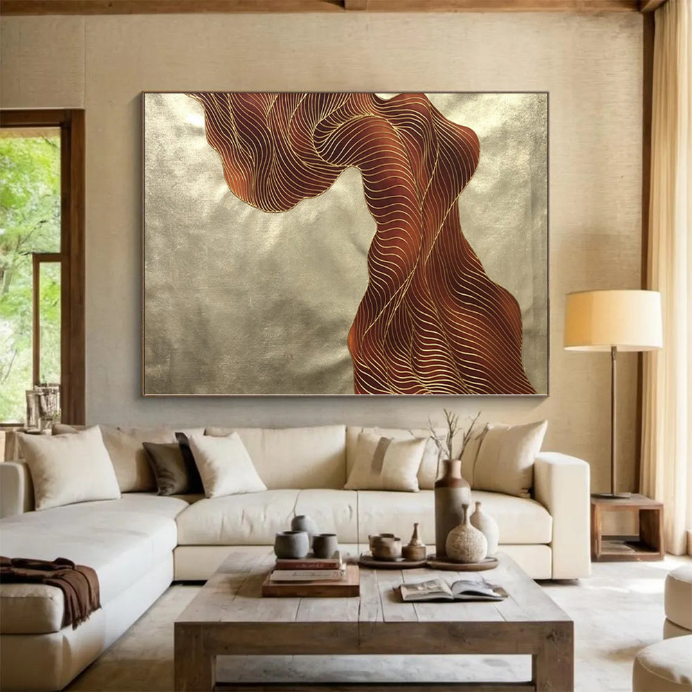 “Brown - Gold Abstract Flowing Ribbons” - Opulent Abstract Painting On Canvas PS0347