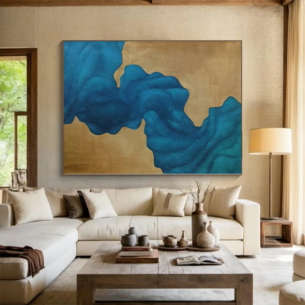 “Blue - Gold Abstract Flowing Shapes” - Elegant Abstract Painting On Canvas PS0343