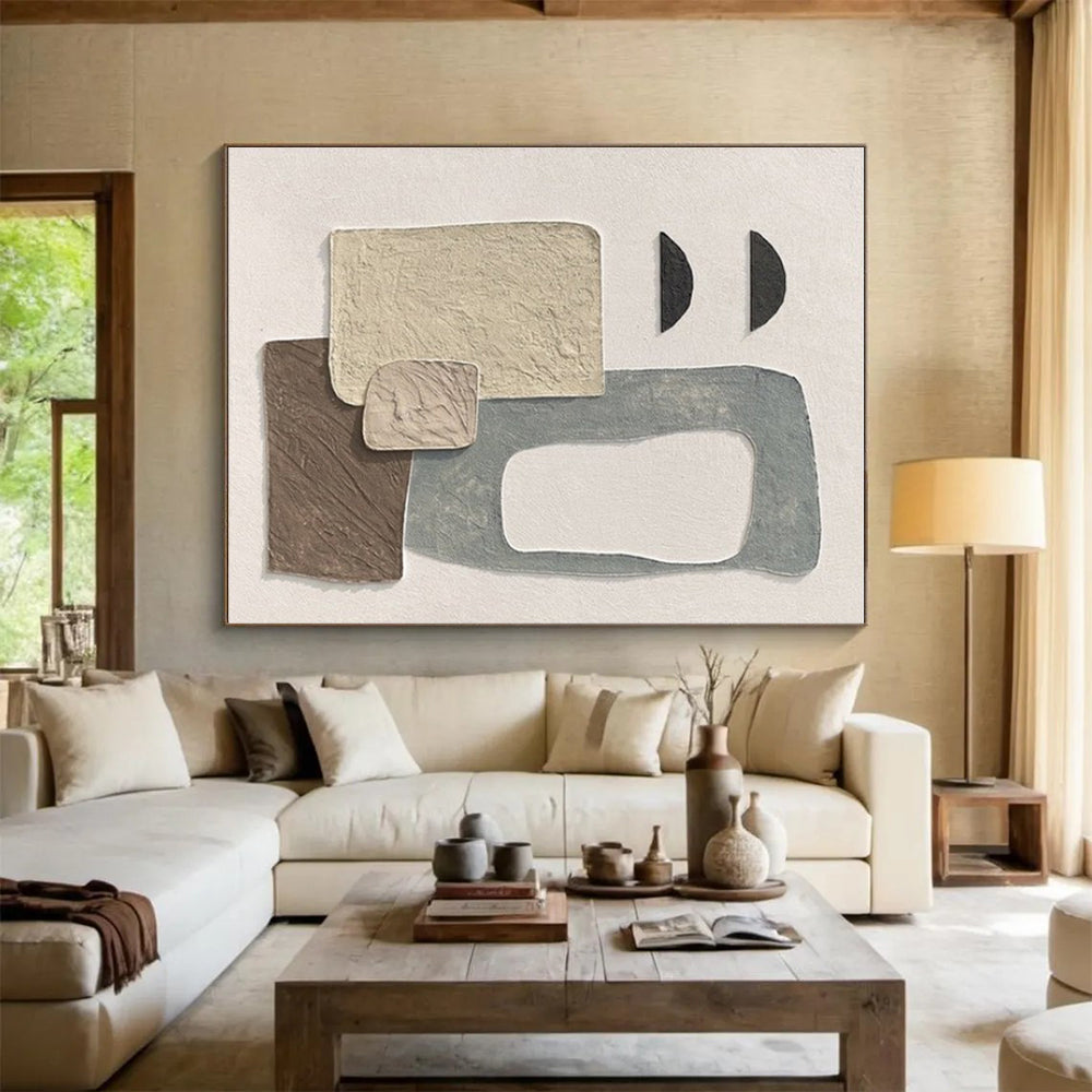 “Neutral Textured Collage” - Beige, Brown, Gray, Black Abstract Mixed - Media Painting On Canvas PS0679