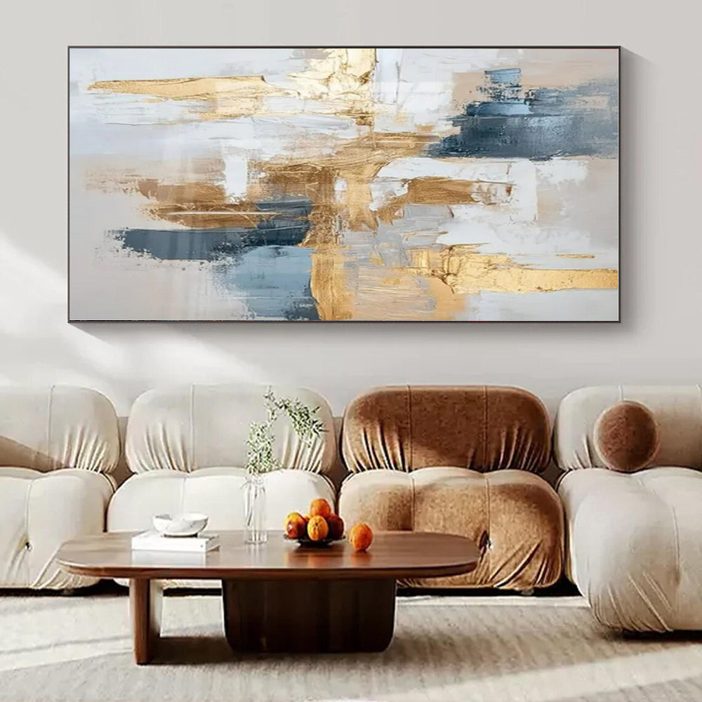 Gray, Gold, Blue with Abstract Layers "Gilded Mornings" Abstract Painting On Canvas PS1269