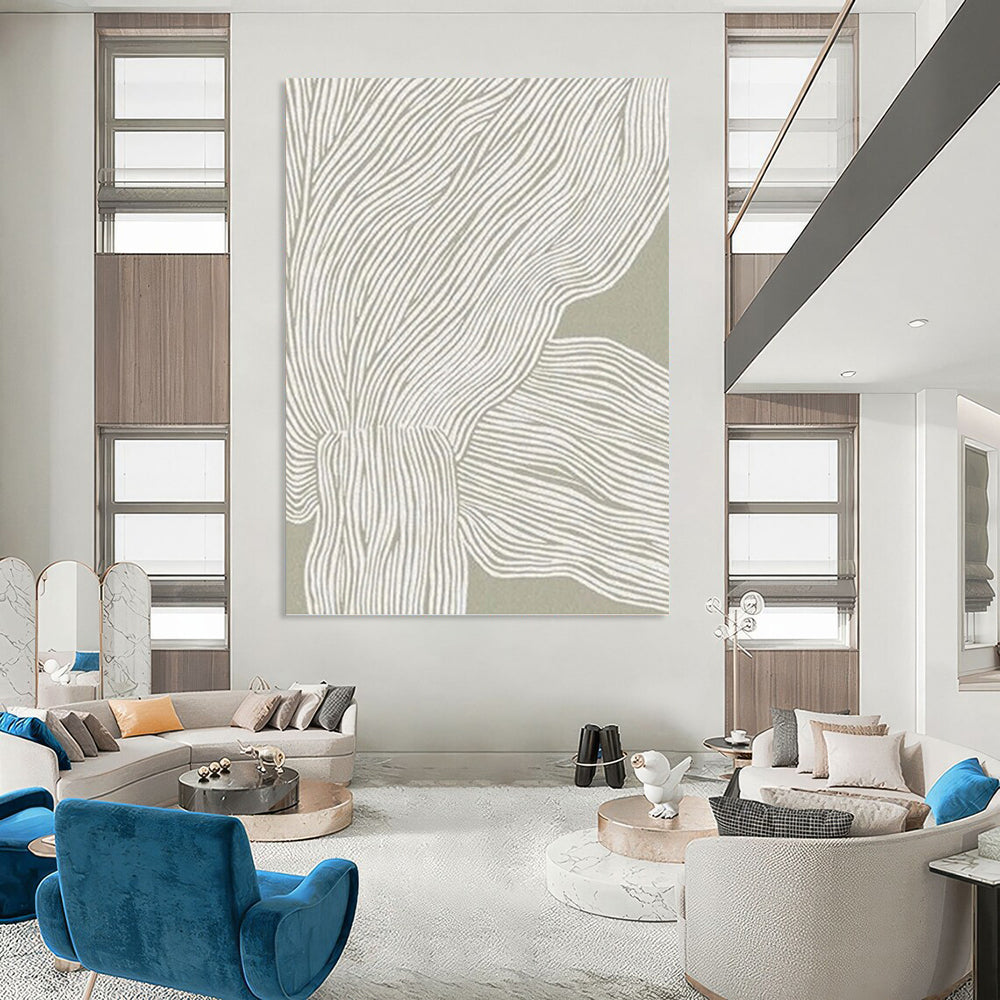 “Grey - White Wavy Lines” - Linear Abstract Painting On Canvas PT1119