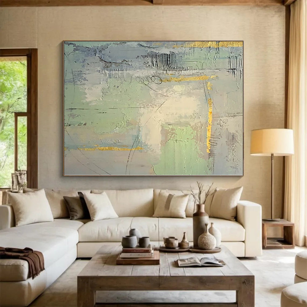 “Grey - Green with Golden Accents Abstract Textures” Painting On Canvas PS0374