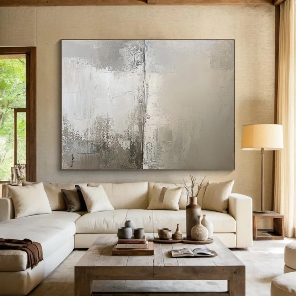 “Monochrome Abstract Landscape” - Gray, White Abstract Landscape Painting PS0772