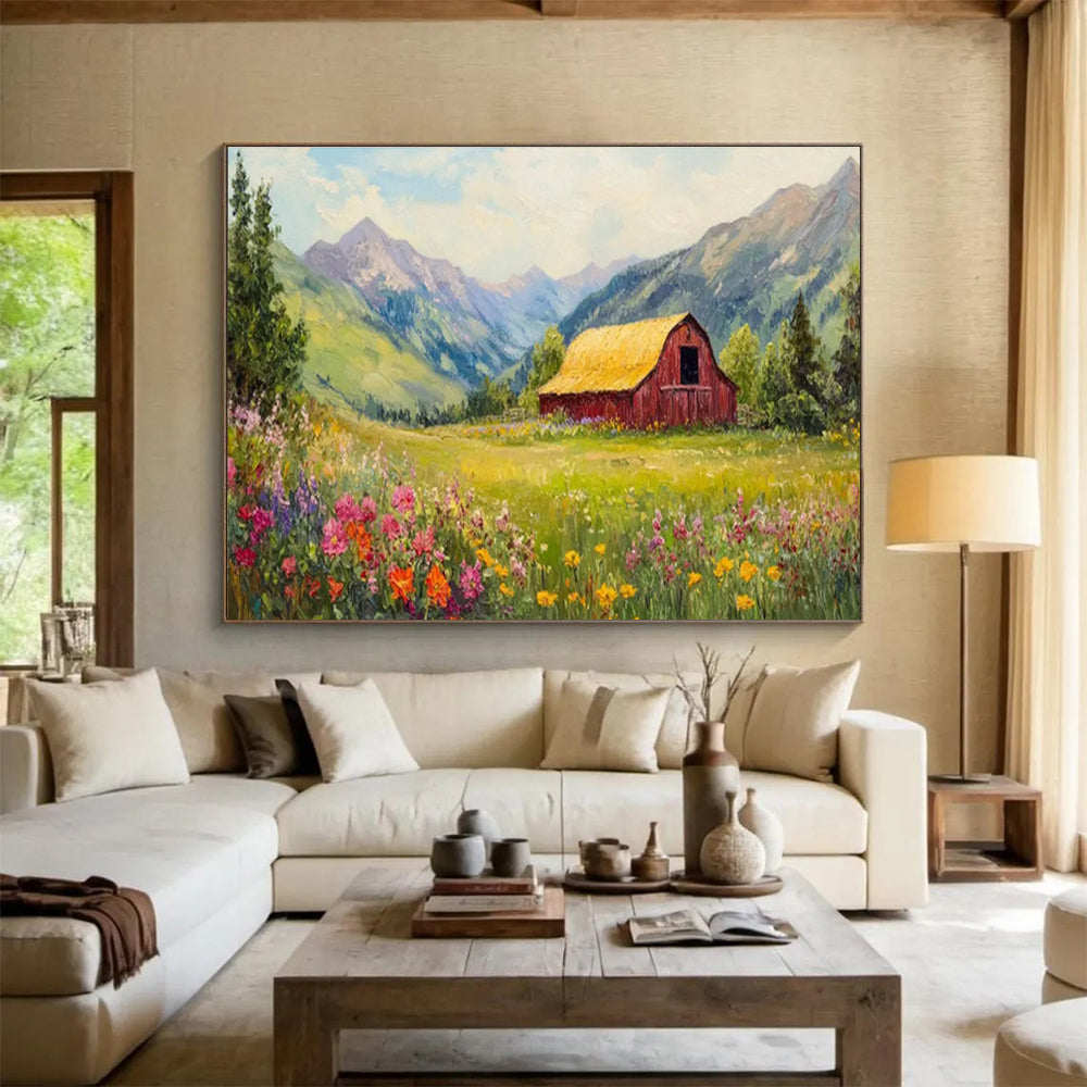 “Idyllic Mountain Barn” - Green, Yellow & Pink Landscape, Folk - Art Inspired Painting On Canvas DKS727
