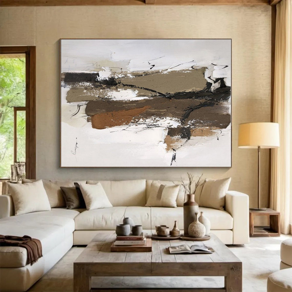 Brown, Black, White Textured Shapes “Earth’s Rhythm” - Painting On Canvas PS0794