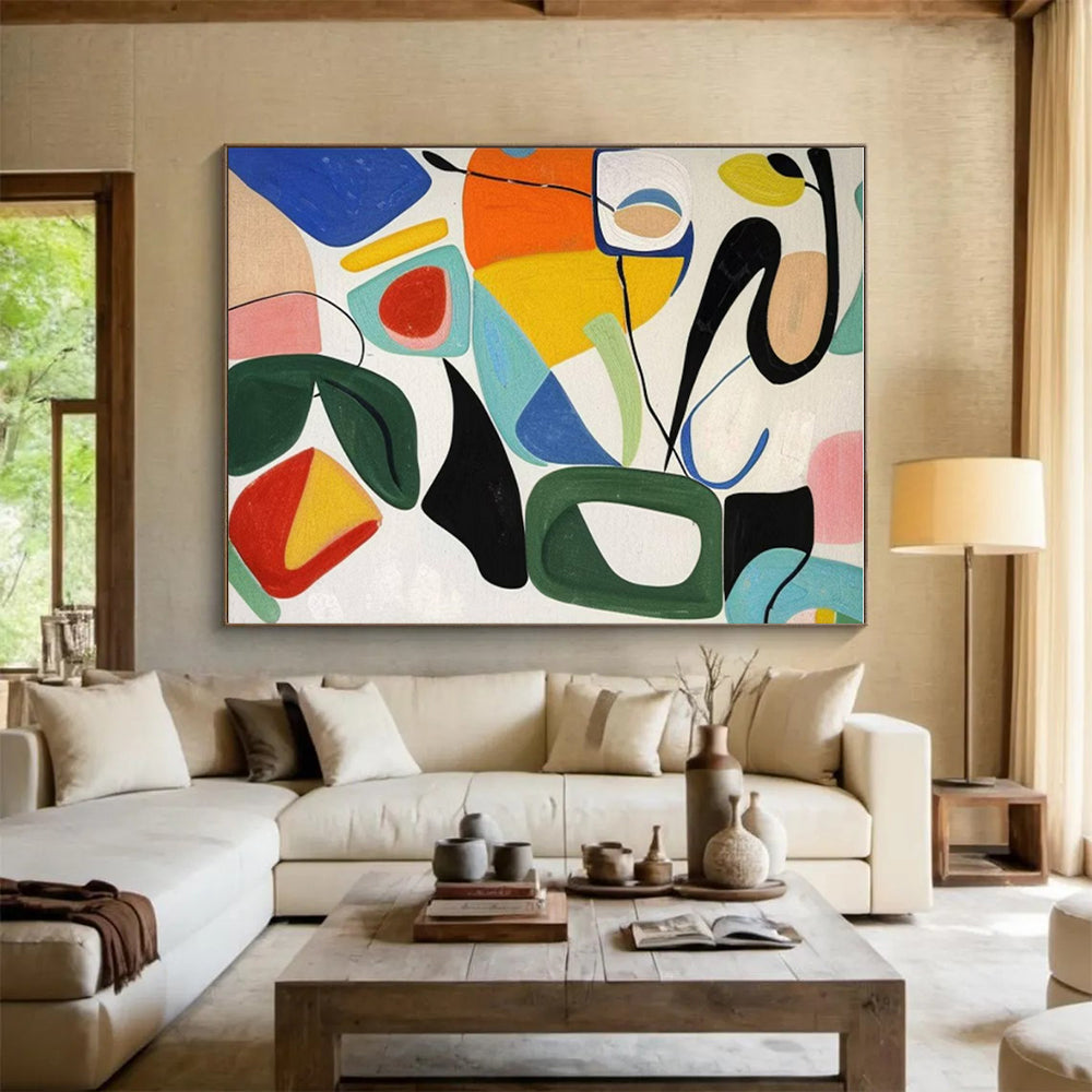 “Colorful Abstract Shapes Play” - Multicolor, Pink, Blue, Yellow, Green Abstract Geometric Painting On Canvas PS0635