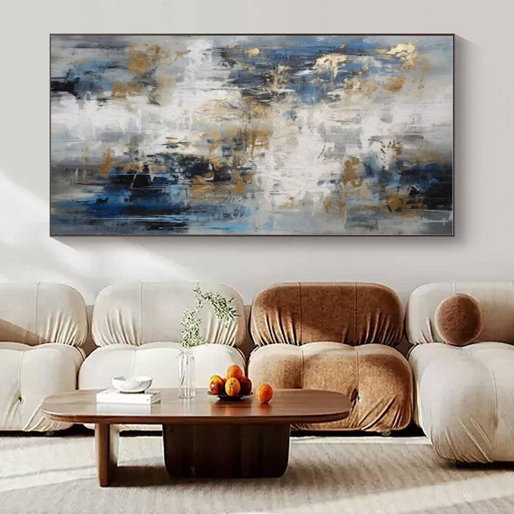 Gray, Blue, Gold with Abstract Drips and Splashes "Gilded Drizzle" Abstract Painting On Canvas PS1303