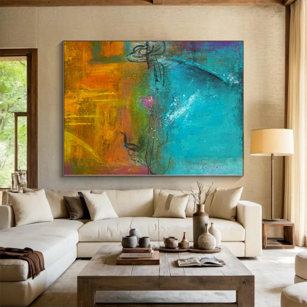 “Turquoise - Orange Abstract” - Vibrant Abstract Painting On Canvas PS0059