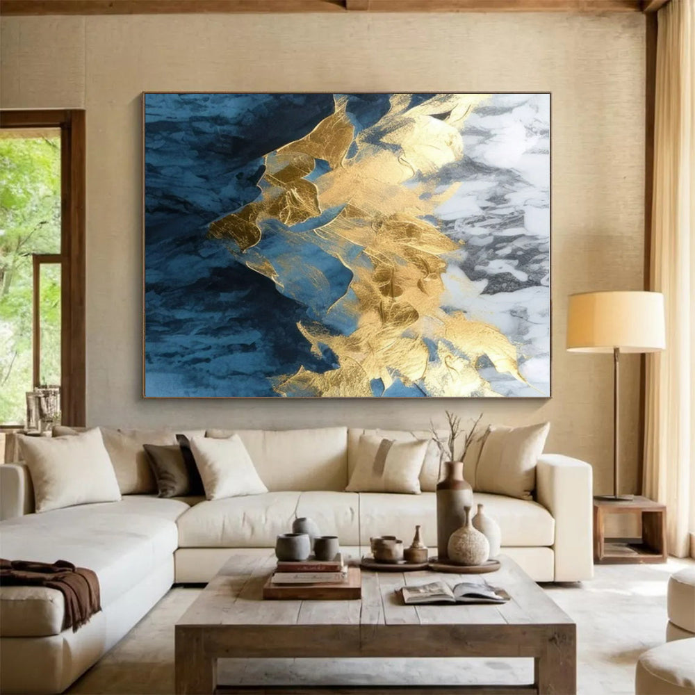 Blue and White with Gold Foil, "Gilded Peaks" – Abstract Mountain - Inspired On Canvas PS0916
