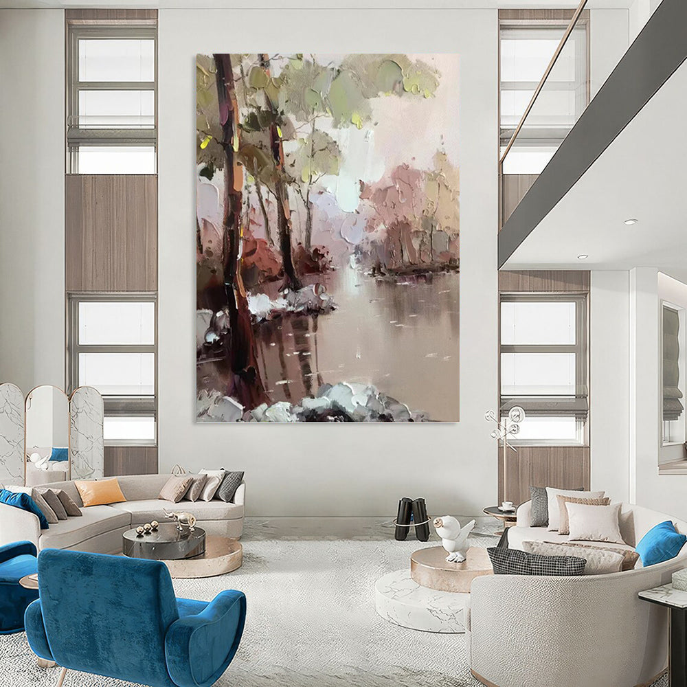“Pastel - Toned River Forest” - Impressionist Landscape Painting On Canvas PT1296
