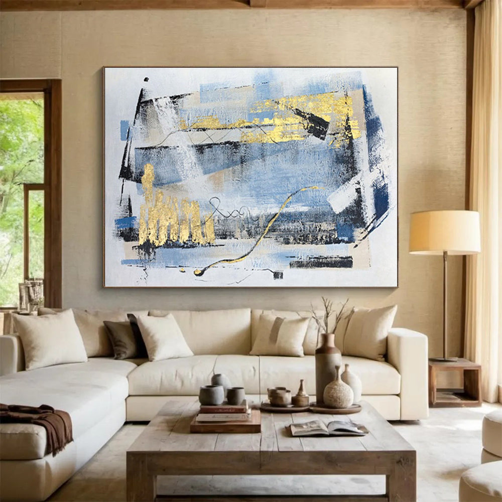 “Blue - Gold - Black Abstract Geometric Forms” - Luxe Abstract Painting On Canvas PS0311