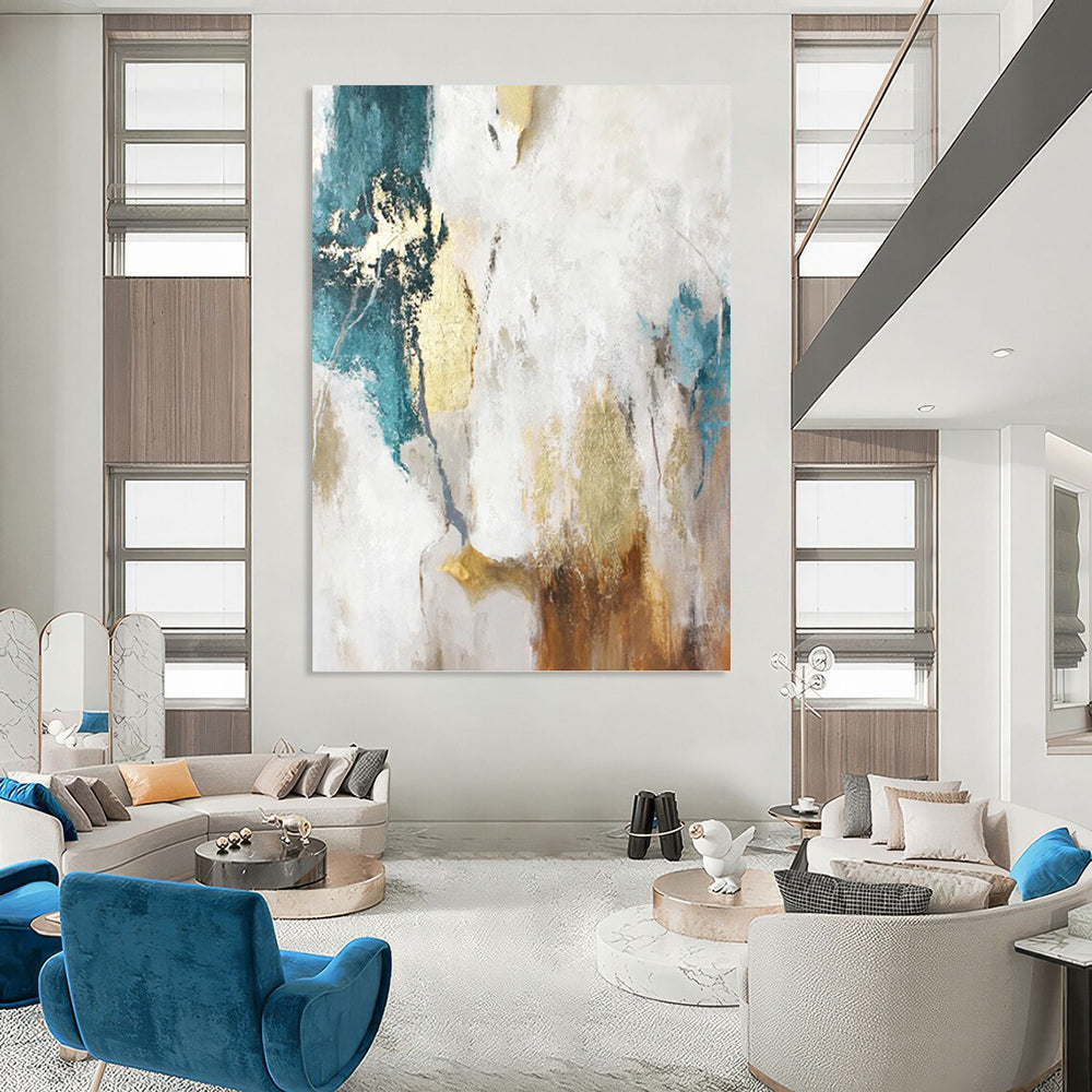“Turquoise, Gold and White Abstract” - Vibrant Textured Painting on Canvas PT1014