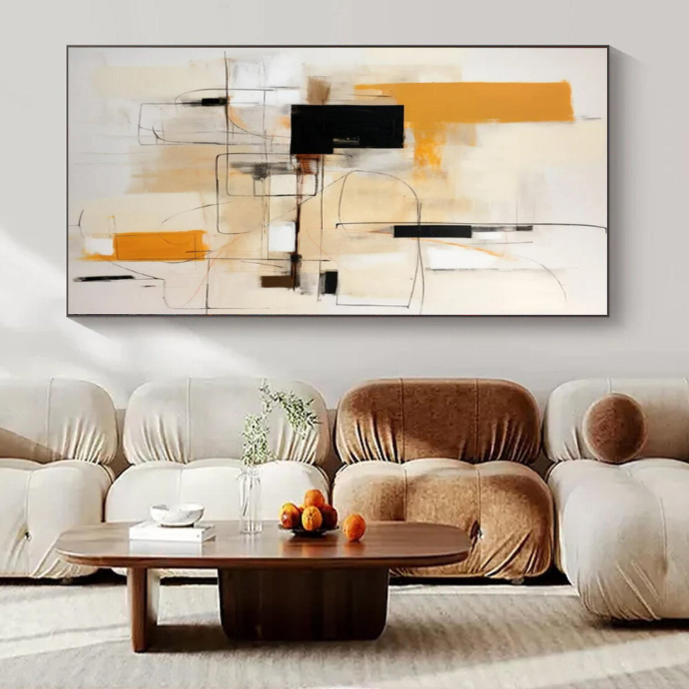 Beige, Orange, Black, White with Geometric Lines "Structured Energy" Abstract Painting On Canvas PS1461