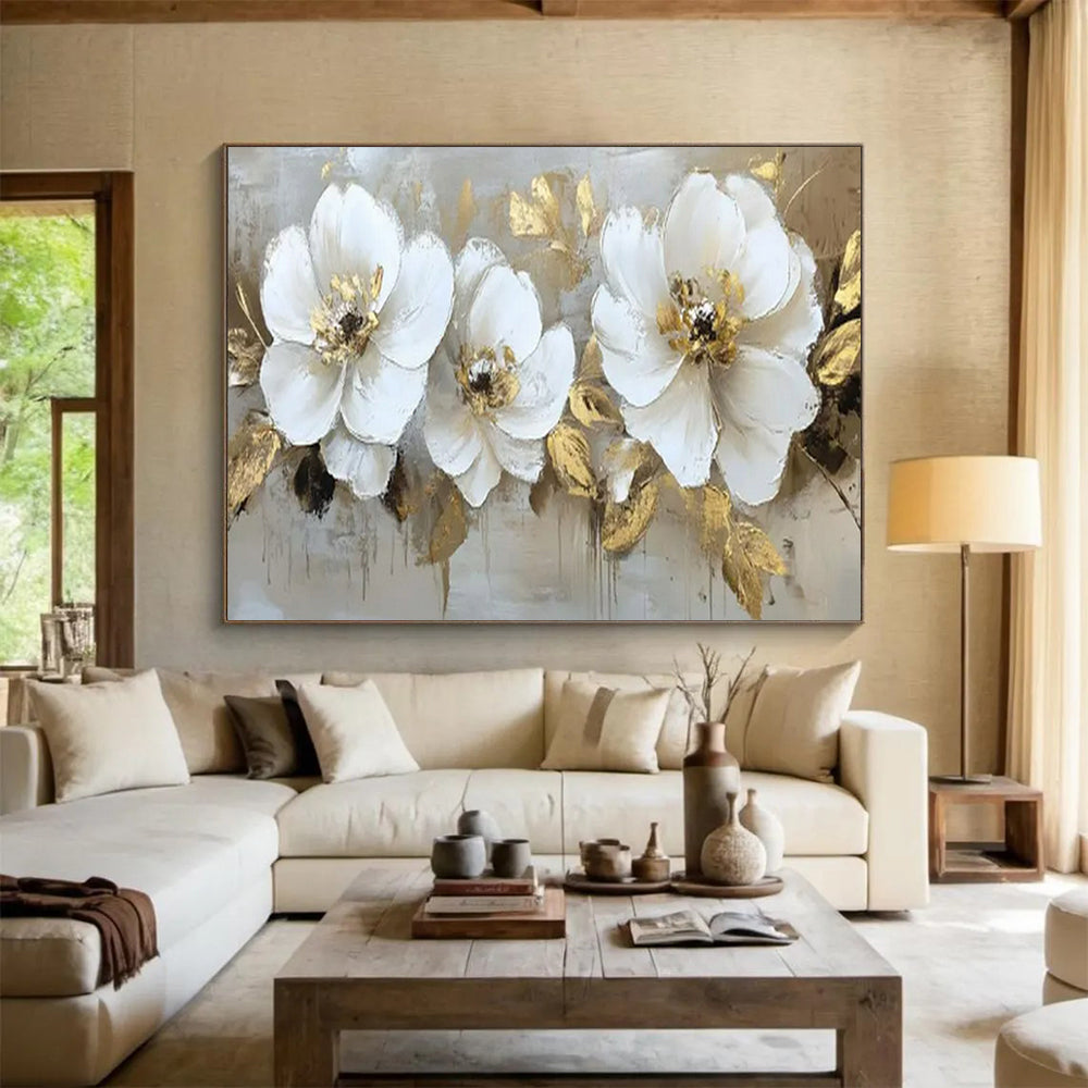 “White Blooms & Gold Foliage” - Floral Impasto - Painting On Canvas PT1705