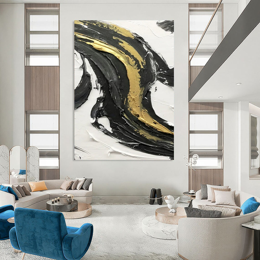 “Black and Gold Accent Swirl” - Opulent Abstract Painting On Canvas DS379