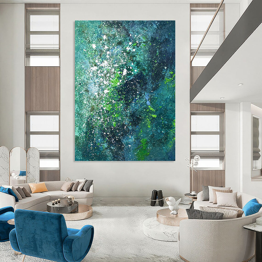 “Teal and Green Splatter Abstract” - Abstract Expressionist Painting On Canvas PT1029