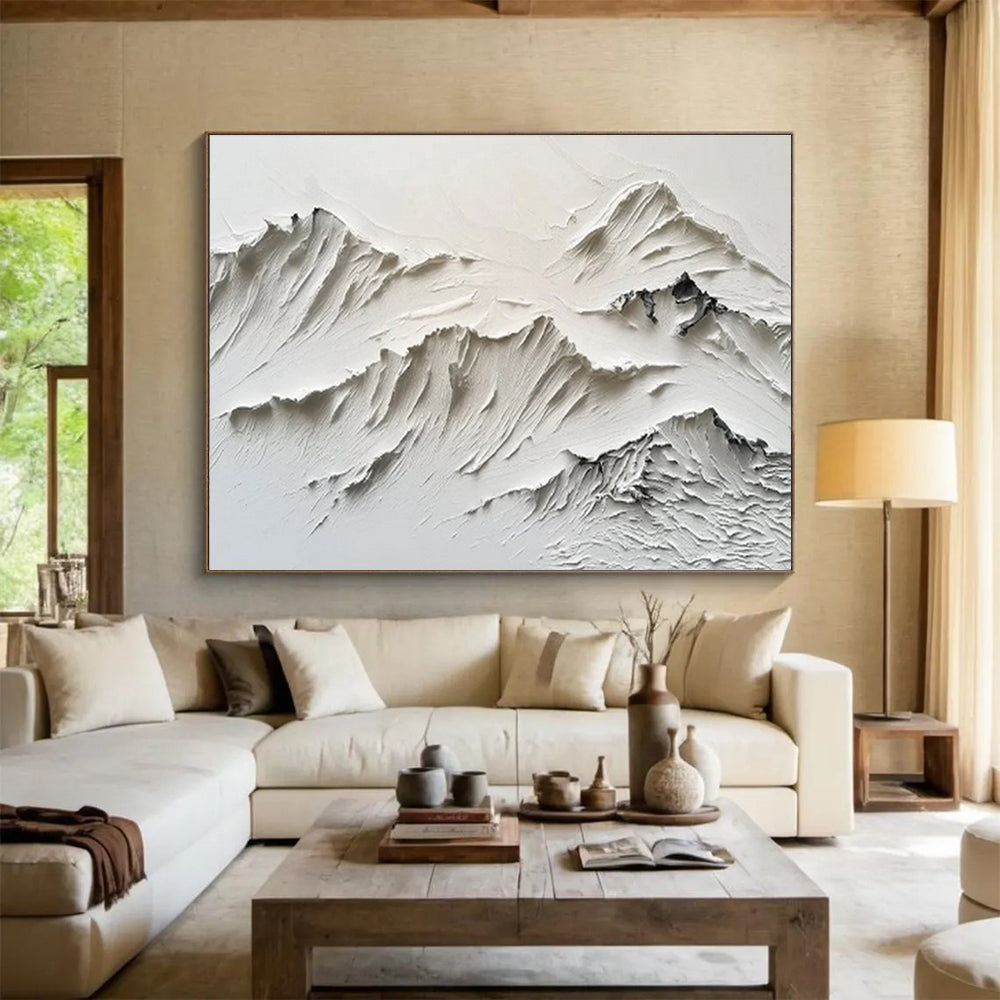 “White Textured Mountain Relief” - Sculptural Abstract Painting On Canvas DKS459