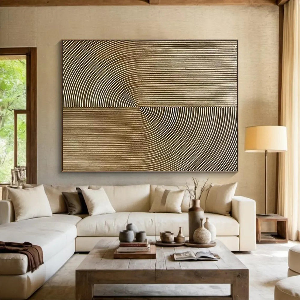 Golden Curved Lines, "Ripple Harmony" – Minimalist Abstract Painting On Canvas PS0885