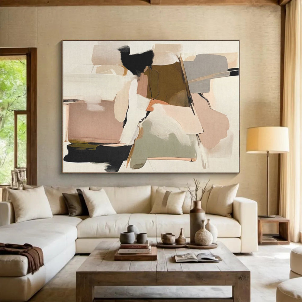 “Blush & Neutral Geometric Abstraction” - Blush, Beige, Gray Abstract Geometric Painting On Canvas PS0755