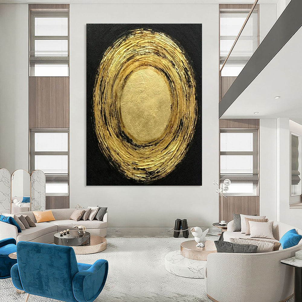 “Gold - Black Circular” - Abstract Minimalist Painting On Canvas PT2330