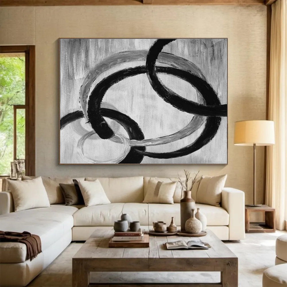 Monochrome Intertwined Rings Abstract Painting On Canvas DKS175
