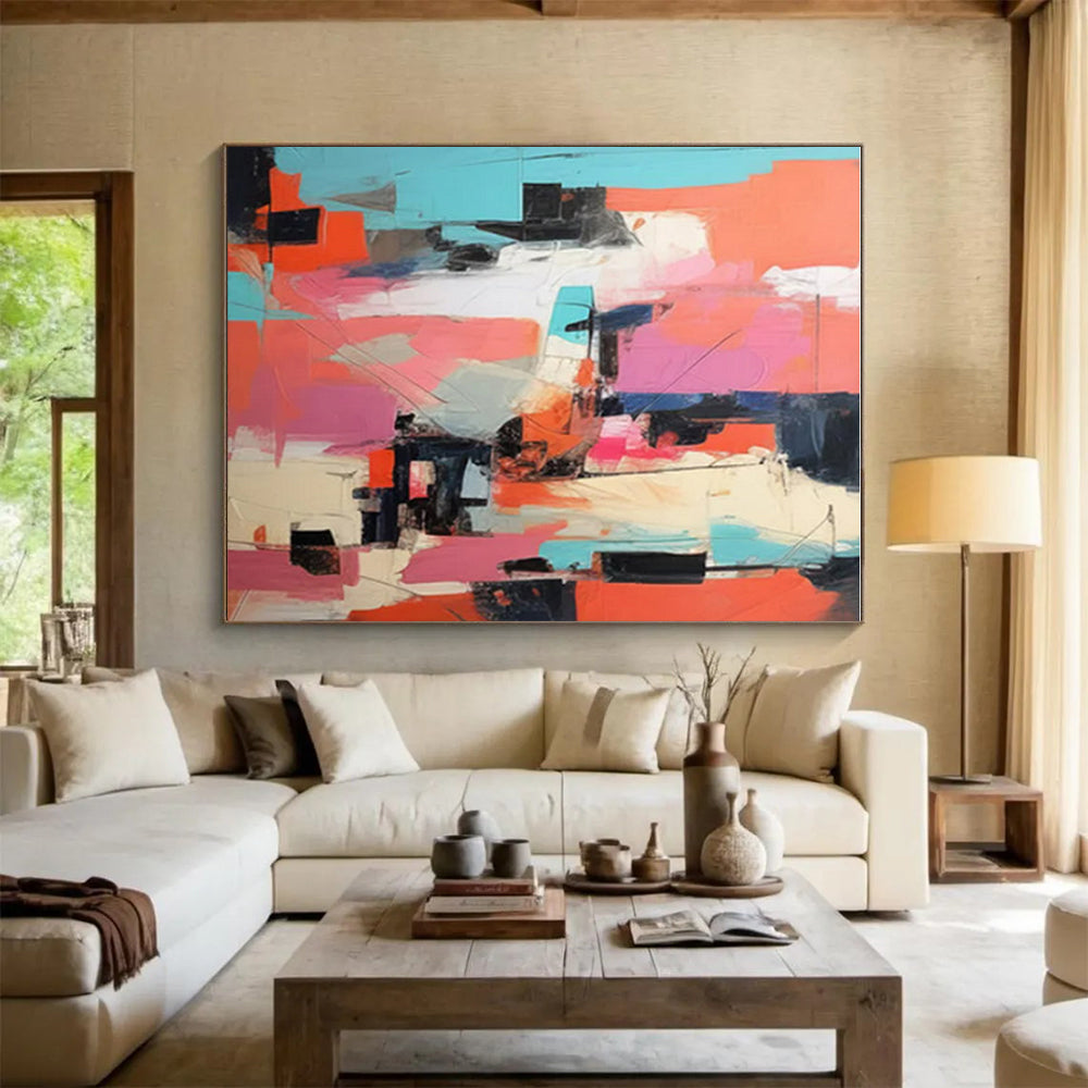 “Coral - Pink - Teal Abstract Vivid Blocks” Painting On Canvas PS0839