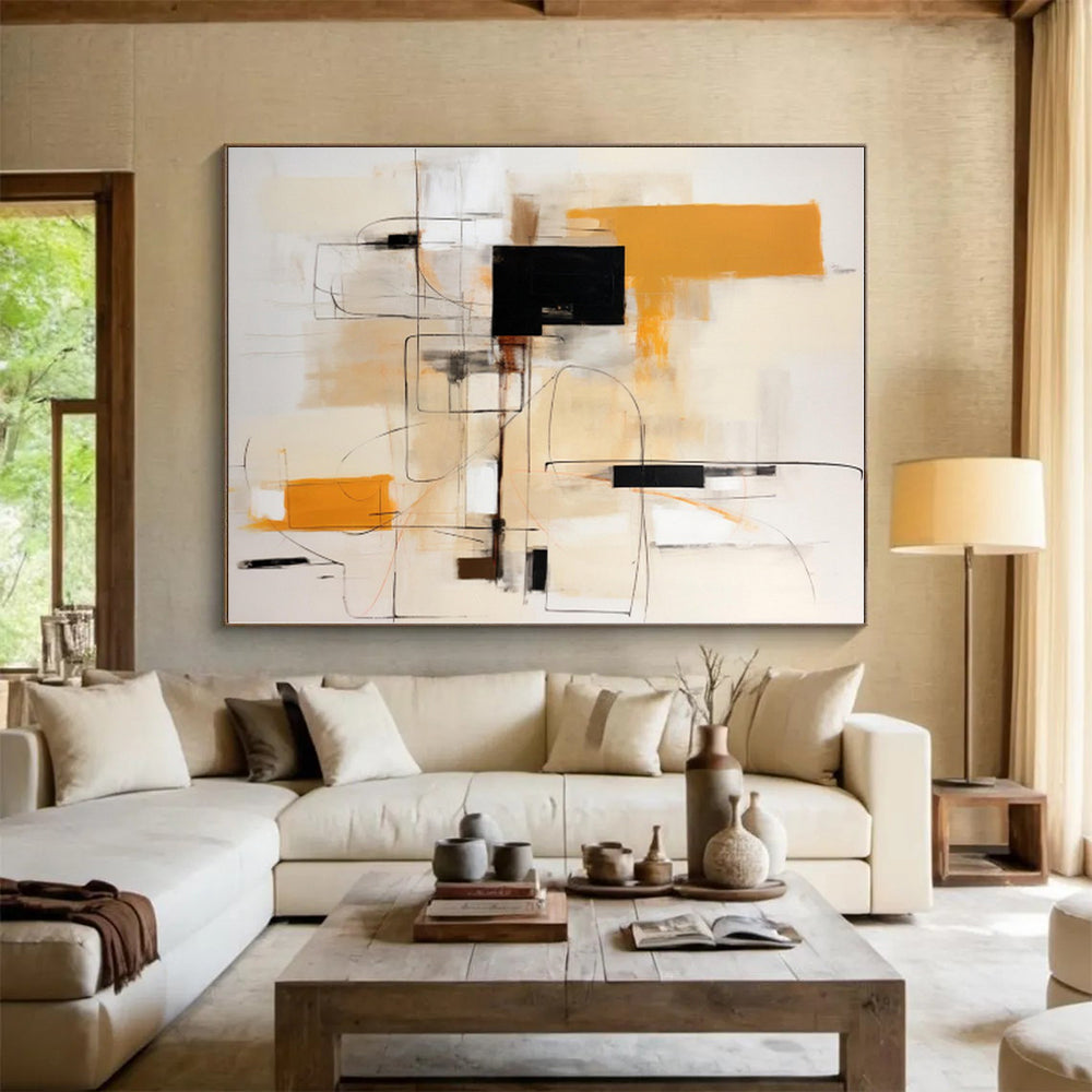 “Black, Orange & Beige Abstract Lines” - Abstract Geometric Painting On Canvas PS0404