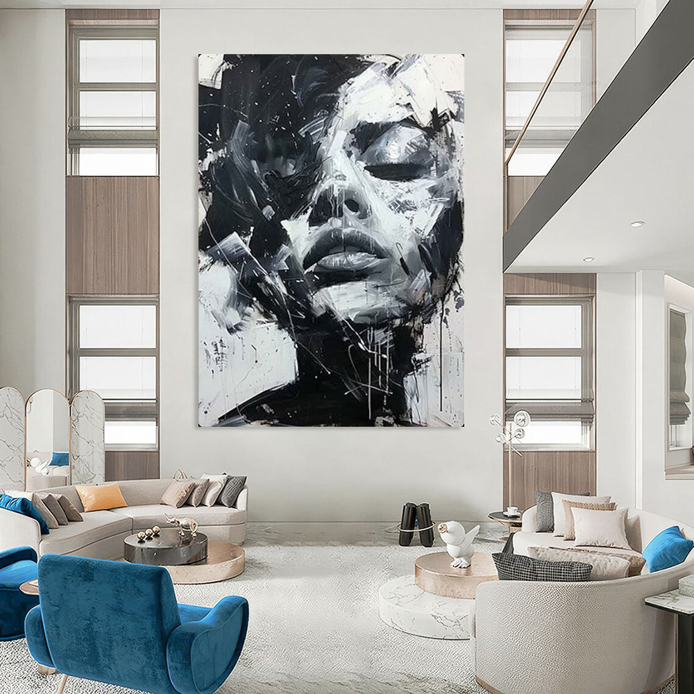 Black & White Dynamic Face, Abstract Expressionism, Painting On Canvas PT2139