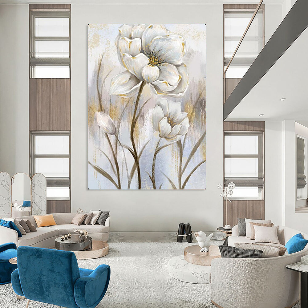 White Flowers with Gold Accents, Van Gogh - Inspired Brushwork, Floral Painting On Canvas PT2124