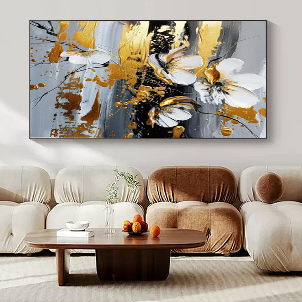 White, Gold, Gray with Floating Flowers "Airy Blooms" Floral Painting On Canvas PS1255