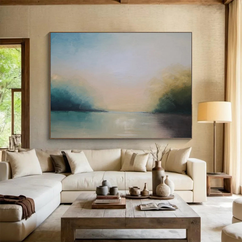 “Serene Landscape in Soft Blues, Greens & Neutrals” - Impressionistic Waterfront Painting On Canvas PT014