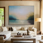 “Serene Landscape in Soft Blues, Greens & Neutrals” - Impressionistic Waterfront Painting On Canvas PT014