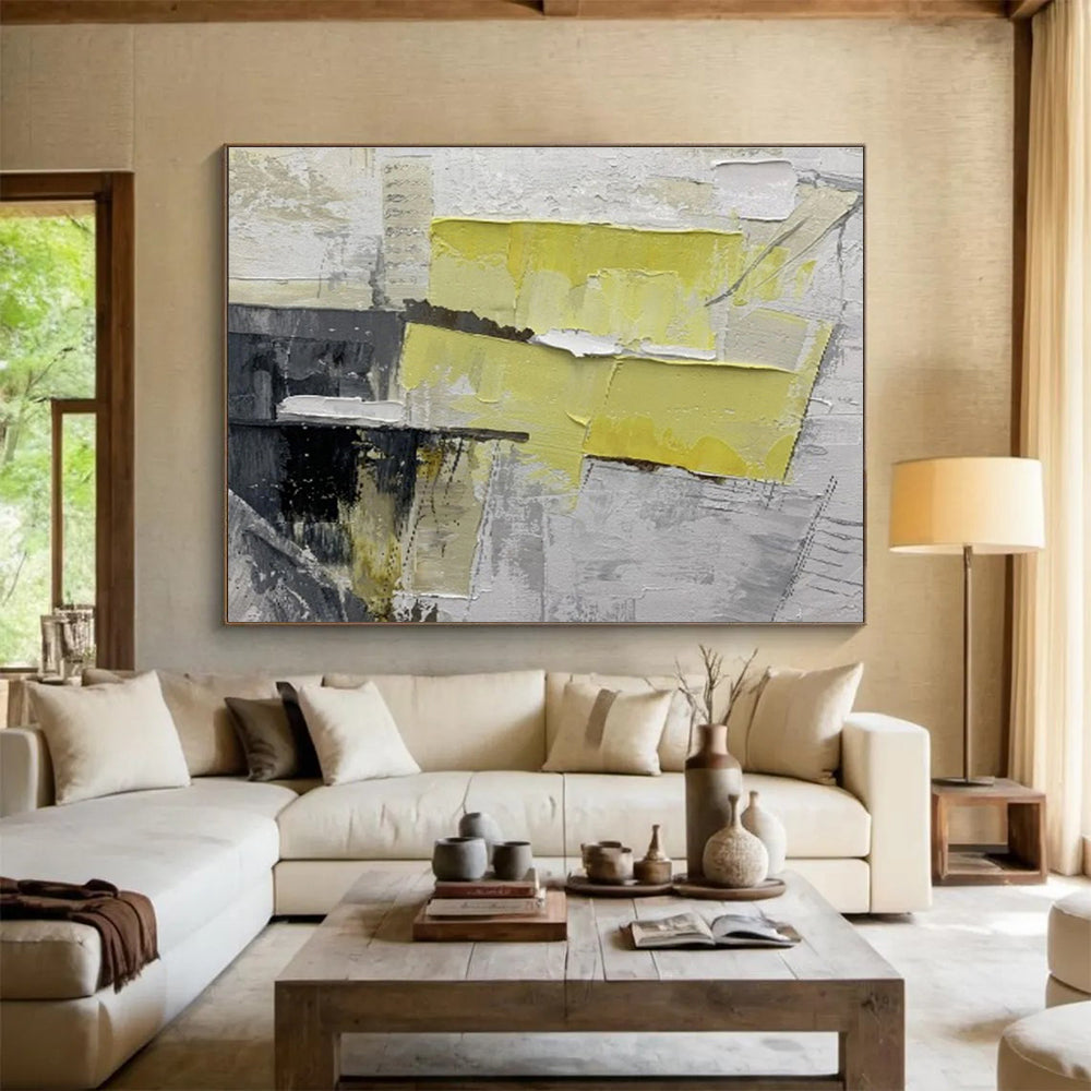 “Yellow and Gray Abstract Collage” - Abstract Mixed - Media Painting, Perfect for Office & Studio DKS595