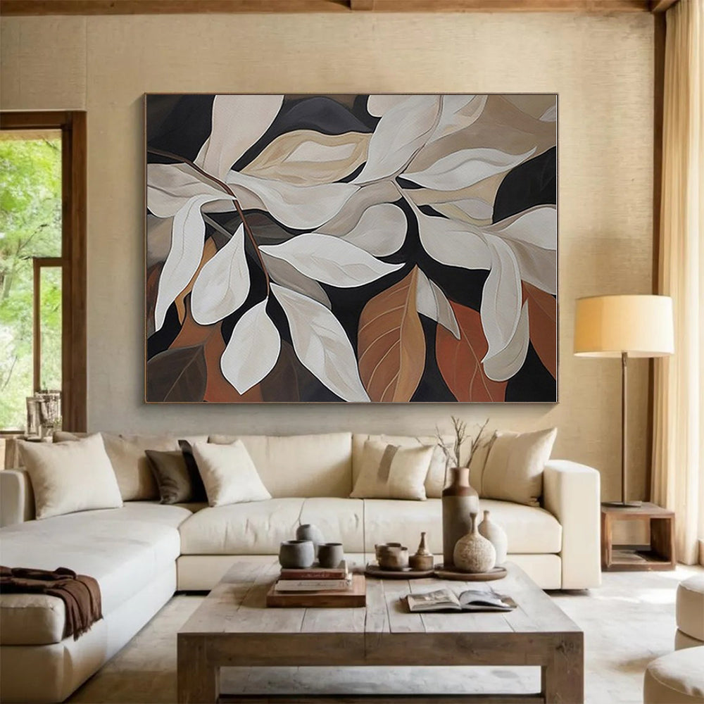 “Elegant White Leaves” - Black, White, Brown Abstract Floral Painting On Canvas PS0667
