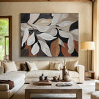 “Elegant White Leaves” - Black, White, Brown Abstract Floral Painting On Canvas PS0667