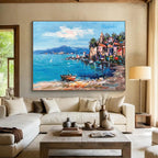 “Colorful Coastal Village” - Impressionistic Seaside Painting On Canvas PT230