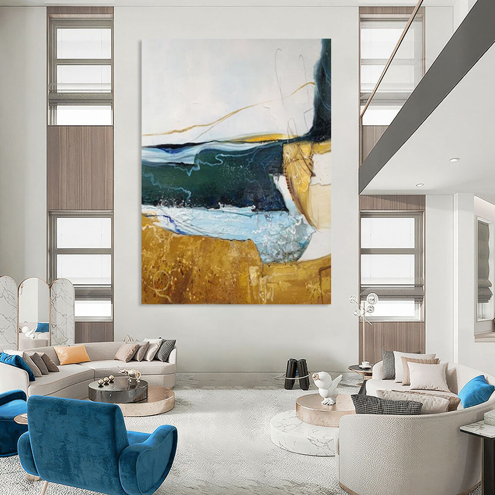 “Green - Gold - Blue Abstract 2” - Mixed - Media Abstract Painting On Canvas PT2337