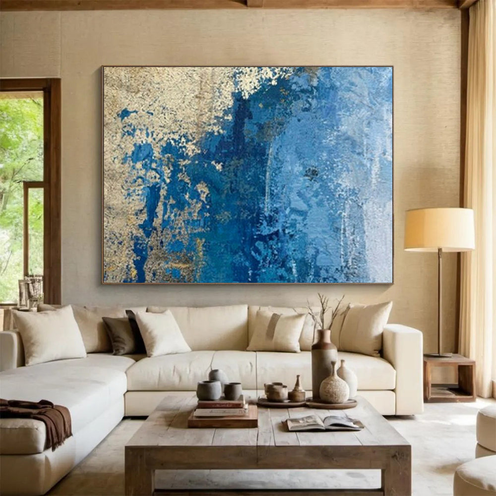 “Blue - Gold Textured Wall” - Earthy Tones “Aged Azure” Painting On Canvas PT1634