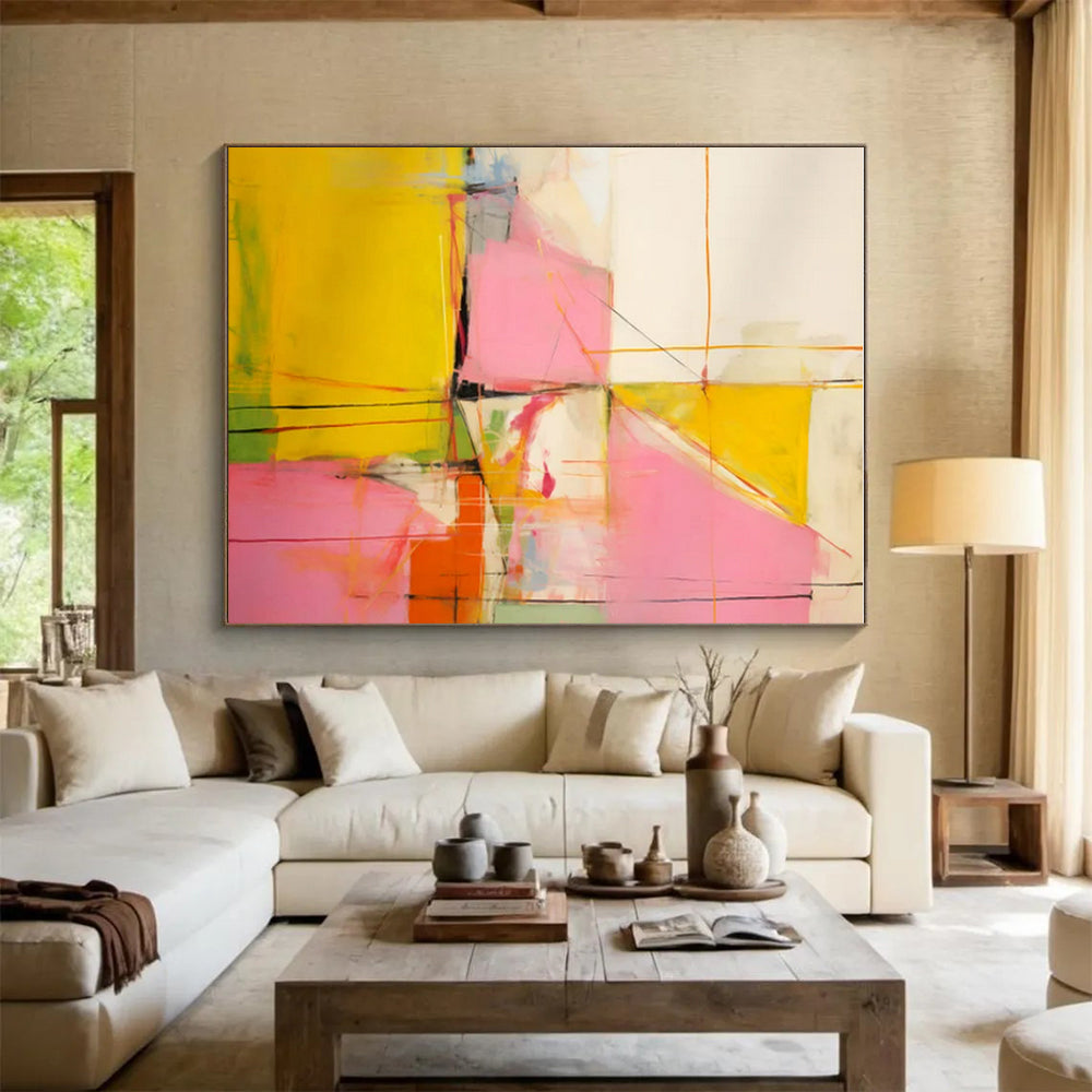 Pink, Yellow, Orange & Green Geometric Abstract "Playful Prism" Painting On Canvas PS0873