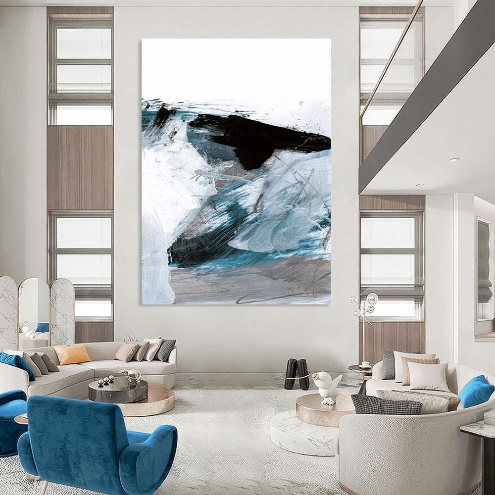 “Dynamic Blue & Black Layers” - Shades of Blue with Bold Black Accents Painting On Canvas DS220